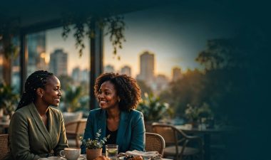 Two Kenyan women share a relaxed conversation at a stylish Nairobi café.