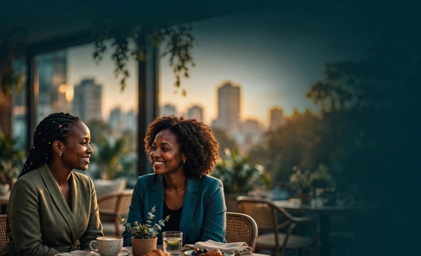 Two Kenyan women share a relaxed conversation at a stylish Nairobi café.