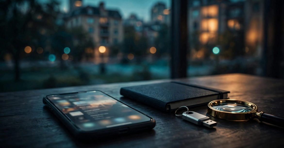Phone, notebook, security key, and magnifying glass on a dark table.