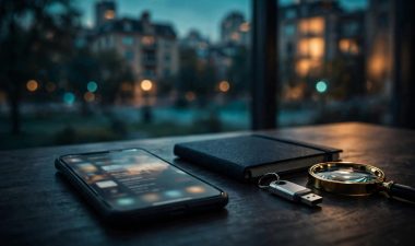 Phone, notebook, security key, and magnifying glass on a dark table.