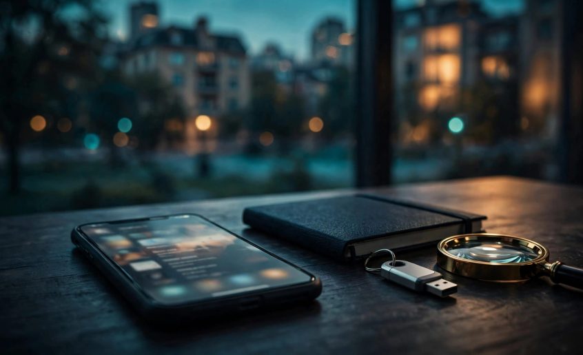 Phone, notebook, security key, and magnifying glass on a dark table.
