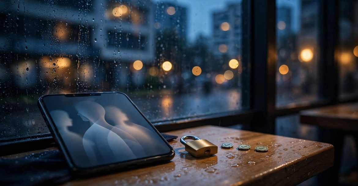 A smartphone, padlock, and checklist sit on a café table by a rainy window.