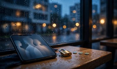 A smartphone, padlock, and checklist sit on a café table by a rainy window.