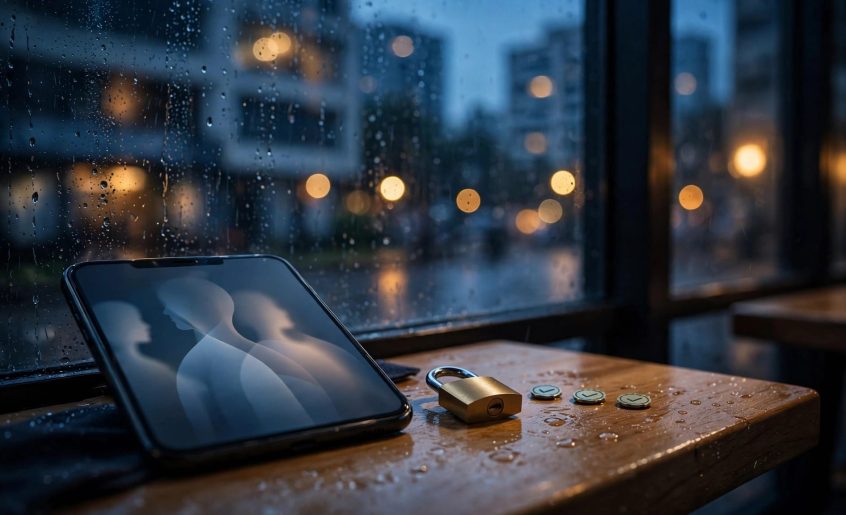 A smartphone, padlock, and checklist sit on a café table by a rainy window.
