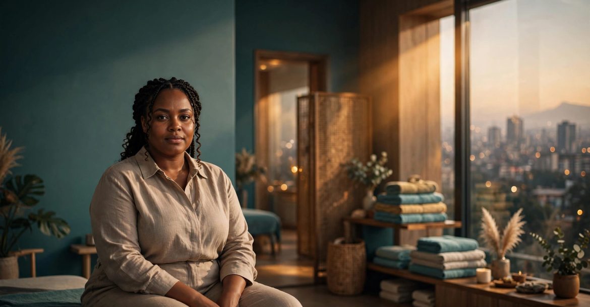 A plus-size Kenyan woman seated in a warmly lit Nairobi wellness studio.