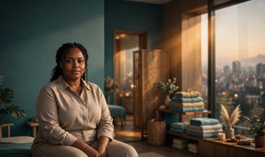 A plus-size Kenyan woman seated in a warmly lit Nairobi wellness studio.