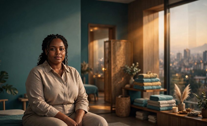 A plus-size Kenyan woman seated in a warmly lit Nairobi wellness studio.