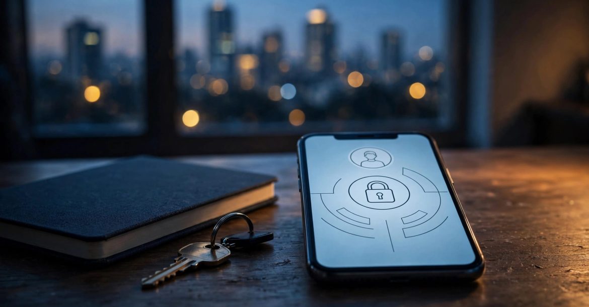 A smartphone with a lock icon sits beside a notebook and key, with Nairobi’s skyline outside.
