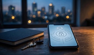A smartphone with a lock icon sits beside a notebook and key, with Nairobi’s skyline outside.