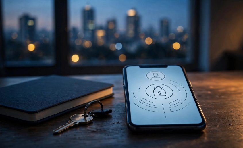 A smartphone with a lock icon sits beside a notebook and key, with Nairobi’s skyline outside.