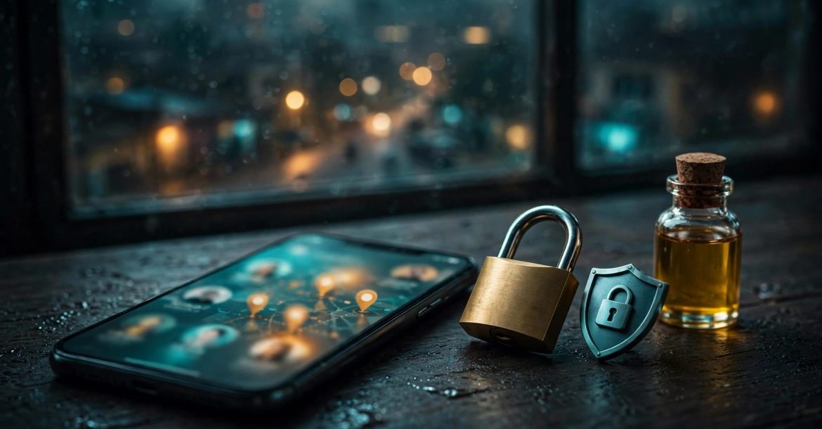 A smartphone, padlock, privacy icon, and massage oil bottle on a dark table near a window.