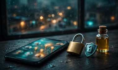South B Escorts: A Safety-First Adult Guide 8 A smartphone, padlock, privacy icon, and massage oil bottle on a dark table near a window.