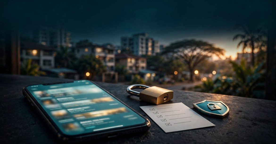 A phone with blurred listings beside a padlock, checklist, and privacy shield against a city backdrop.
