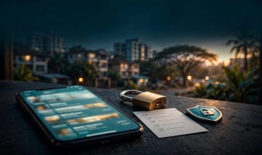 A phone with blurred listings beside a padlock, checklist, and privacy shield against a city backdrop.