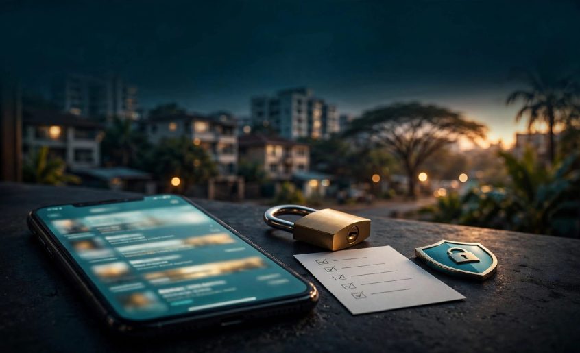 A phone with blurred listings beside a padlock, checklist, and privacy shield against a city backdrop.