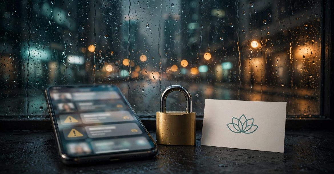 A smartphone with blurred profiles, warning symbols, a padlock, and a spa card sits by rainy city streets.