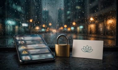 A smartphone with blurred profiles, warning symbols, a padlock, and a spa card sits by rainy city streets.