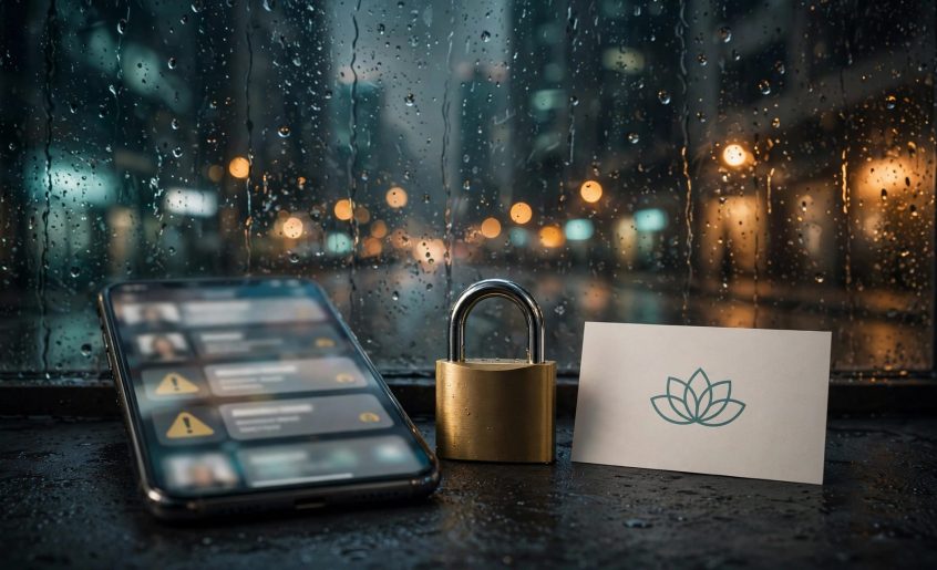 A smartphone with blurred profiles, warning symbols, a padlock, and a spa card sits by rainy city streets.