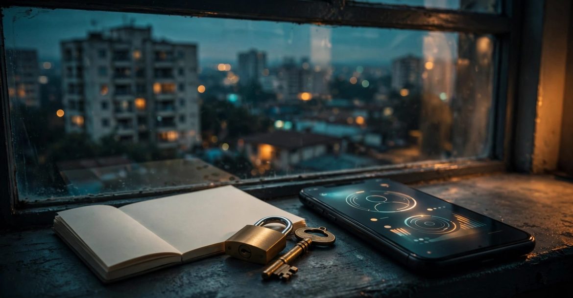 A smartphone, brass key, lock, and blank notepad sit by a window at dusk.