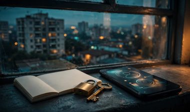 A smartphone, brass key, lock, and blank notepad sit by a window at dusk.