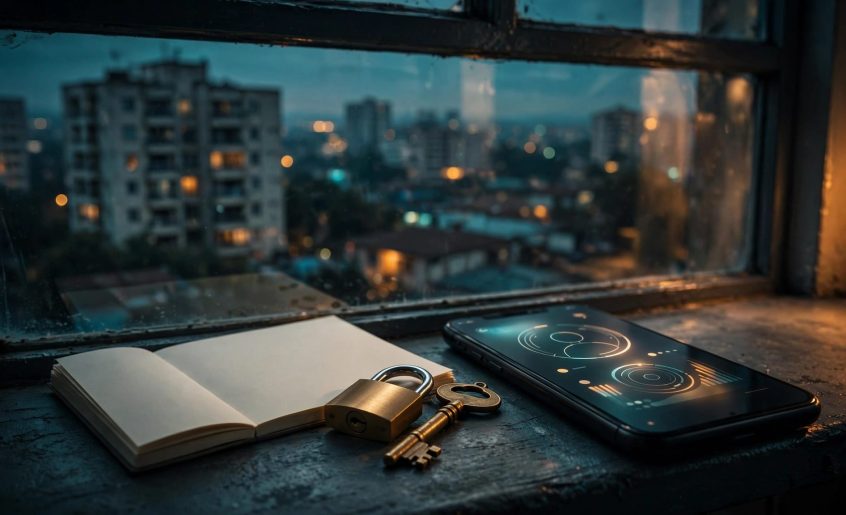 A smartphone, brass key, lock, and blank notepad sit by a window at dusk.