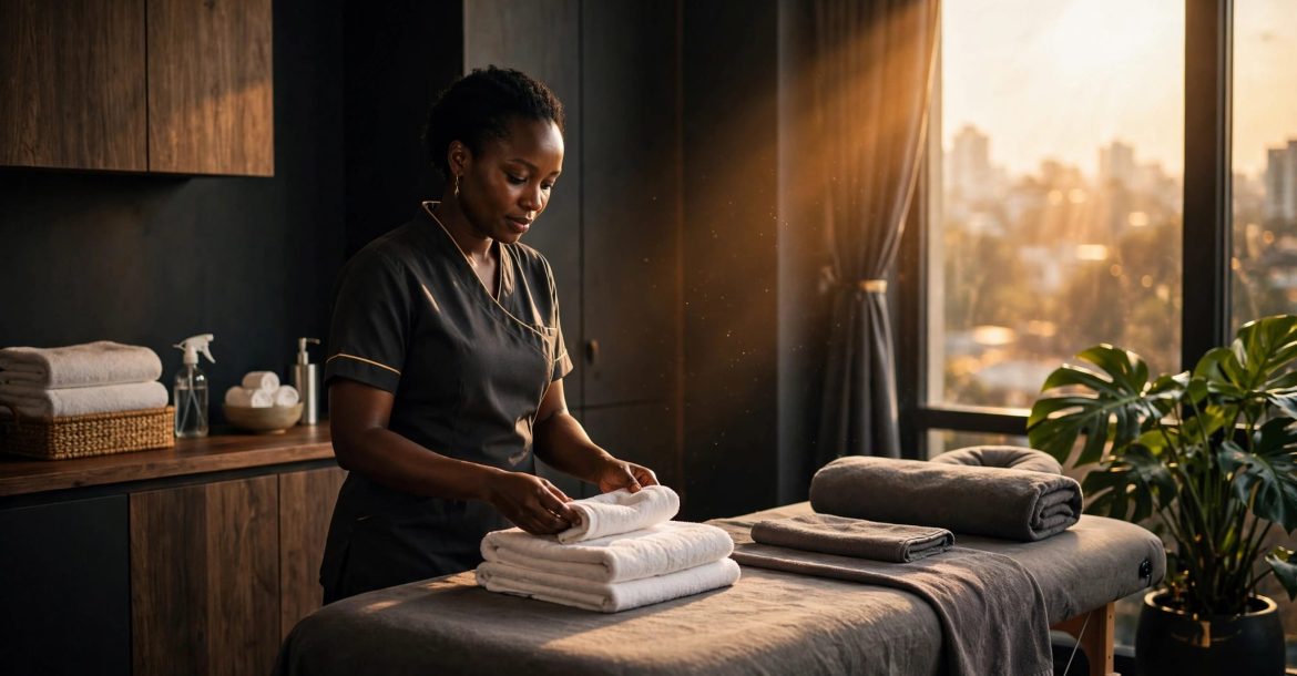 Therapist arranging fresh towels beside a massage table in a warm, tidy studio.