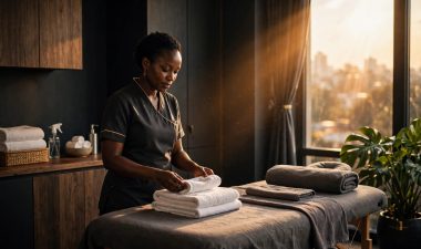 Therapist arranging fresh towels beside a massage table in a warm, tidy studio.