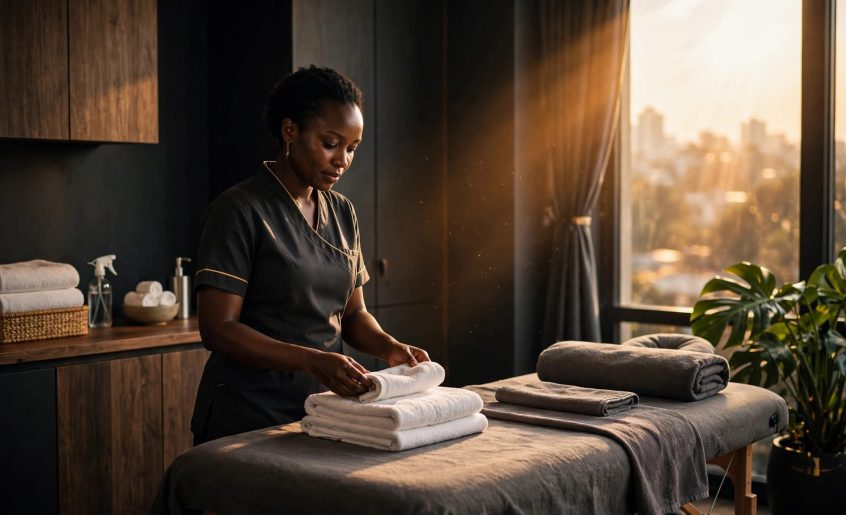 Therapist arranging fresh towels beside a massage table in a warm, tidy studio.