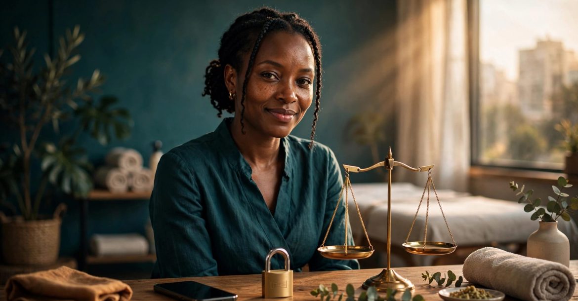 A Kenyan wellness professional seated beside a phone, privacy symbol, and brass scales.