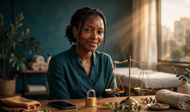 A Kenyan wellness professional seated beside a phone, privacy symbol, and brass scales.