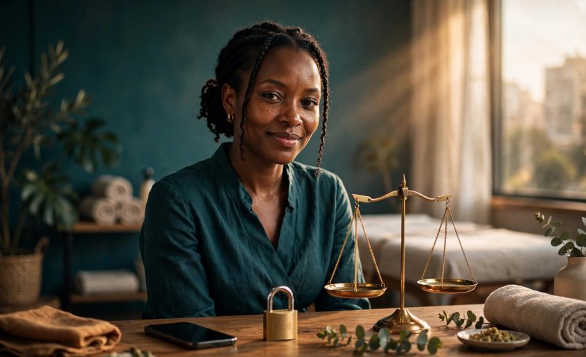 A Kenyan wellness professional seated beside a phone, privacy symbol, and brass scales.