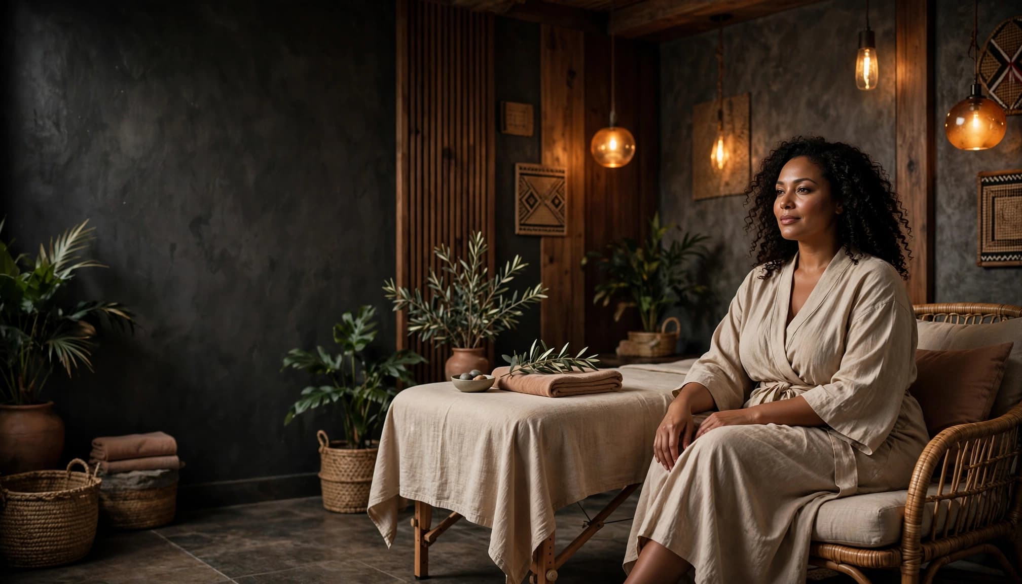 A confident woman in a neutral robe sits beside a massage table in a warmly lit spa.
