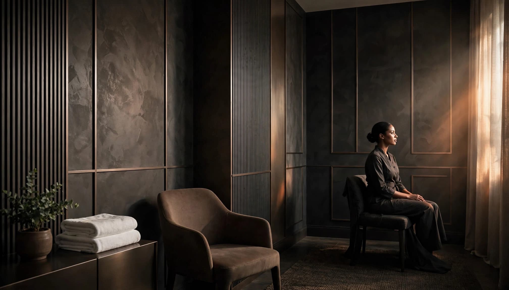 A woman sits in a quiet spa reception area beside towels and a small plant.