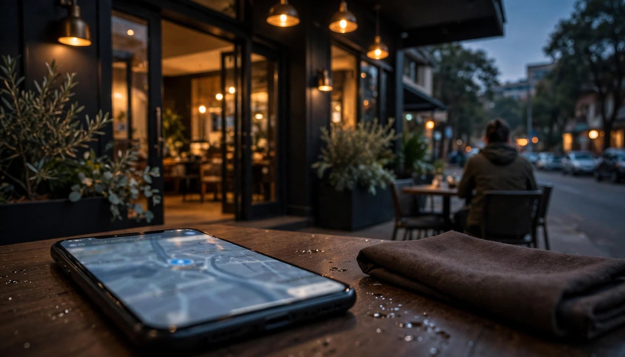 A phone with a blurred map sits on a cafe table near one seated adult.