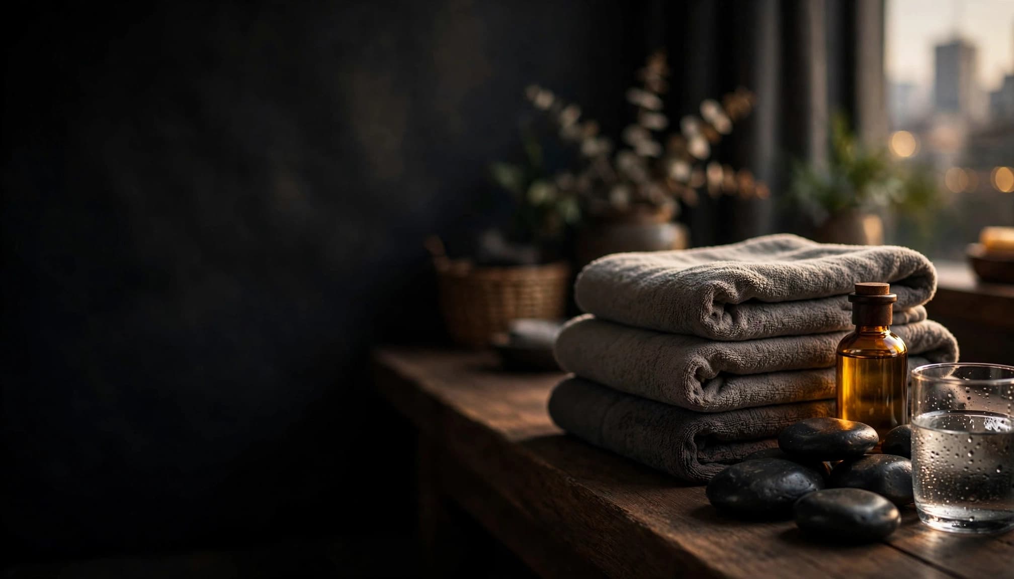 Private Female Escorts in Nairobi: Safety, Privacy and the Law 3 Folded towels, oil, basalt stones, and water rest on a wooden bench.