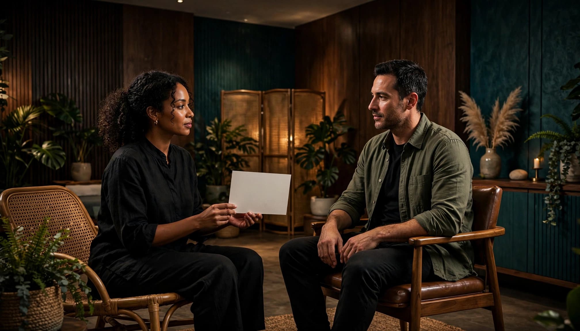 A therapist and client discuss an appointment card in a softly lit spa reception area.