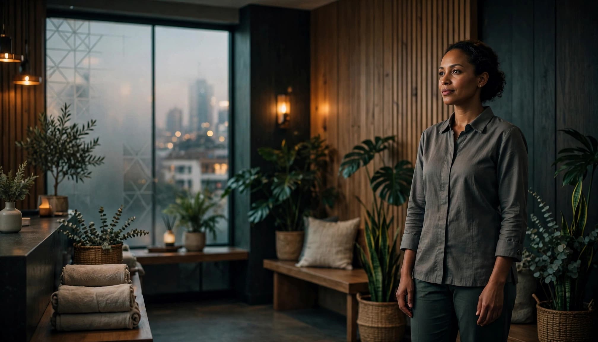 Women Escorts Nairobi: Legal Clarity and Safety for Adults 2 A wellness professional stands in a warmly lit Nairobi spa reception beside plants and a frosted window.