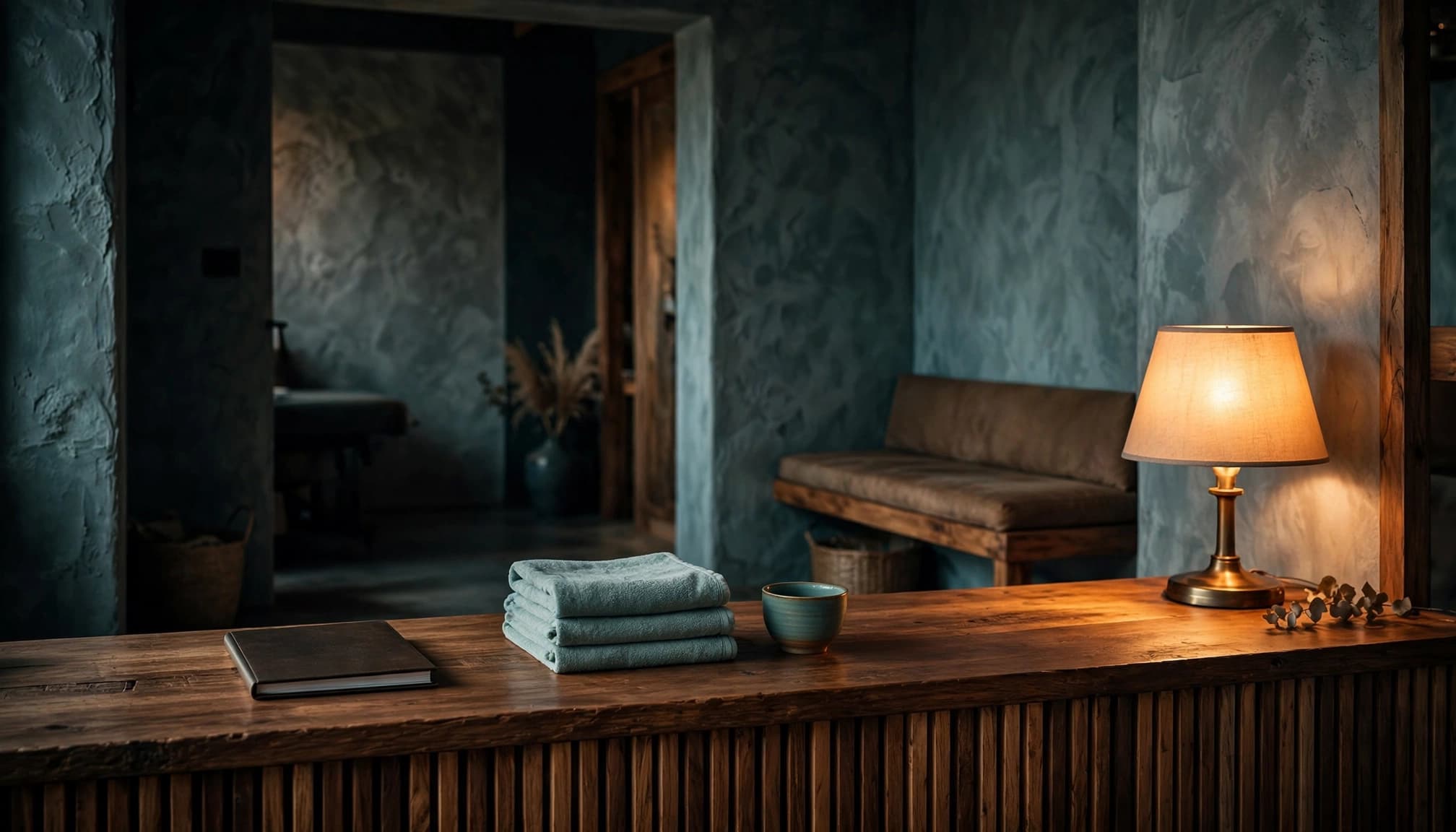 A spa counter with an appointment book, folded towels, tea cup, and glowing lamp.