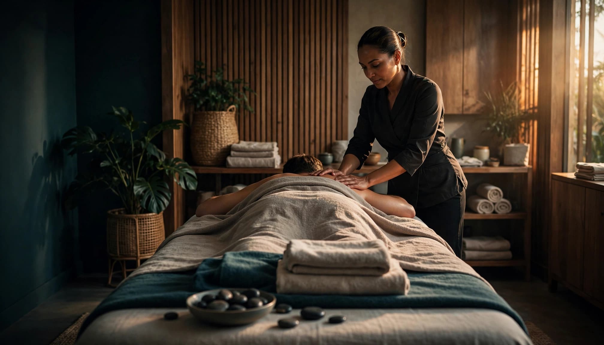 A therapist gives a towel-covered client a shoulder massage in a warmly lit spa room.