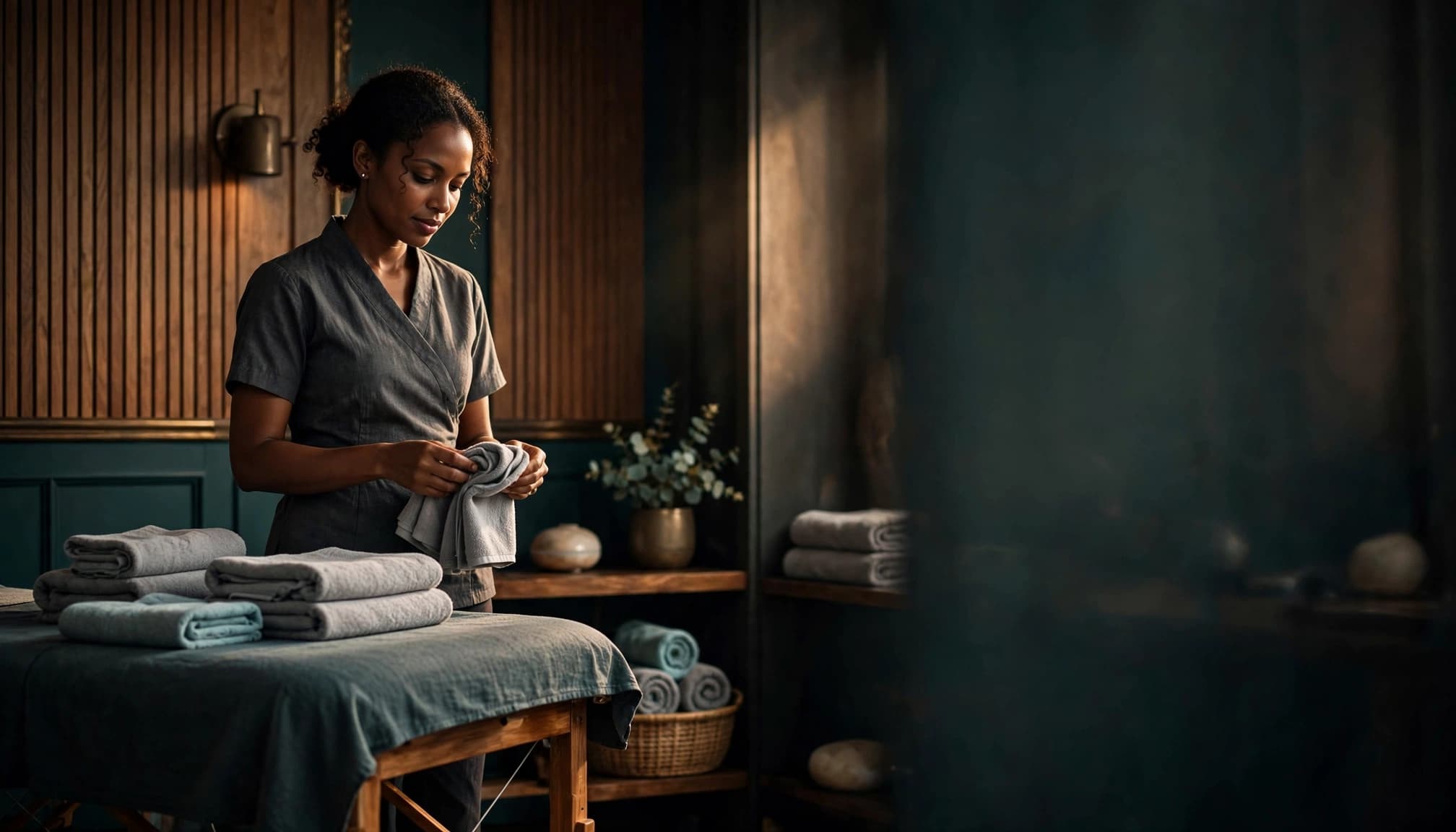 A massage therapist prepares folded towels beside a table in a warmly lit spa room.