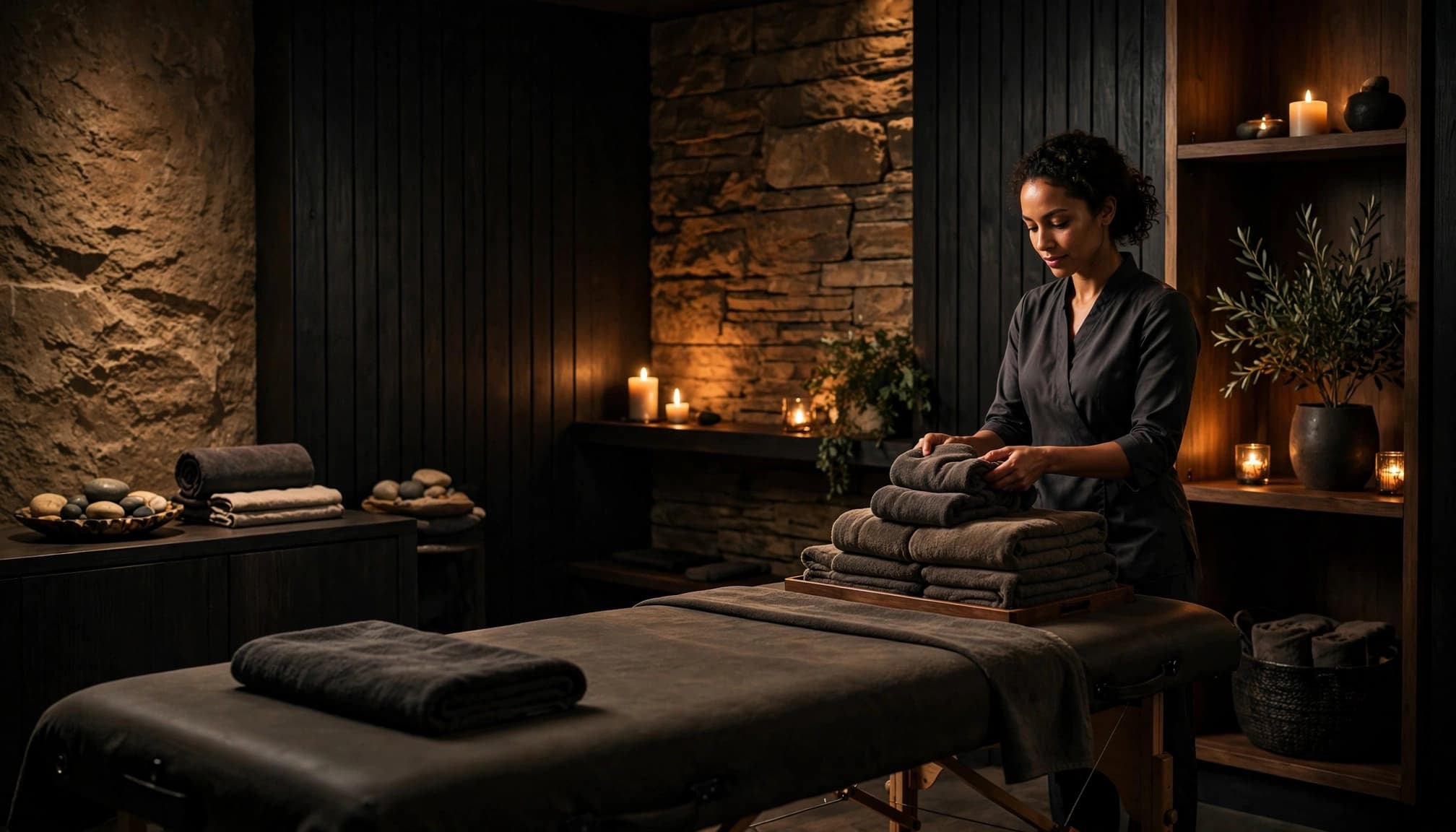 Female Companion Nairobi: What to Confirm Before Booking 2 A therapist folds towels beside a massage table in a warmly lit spa.