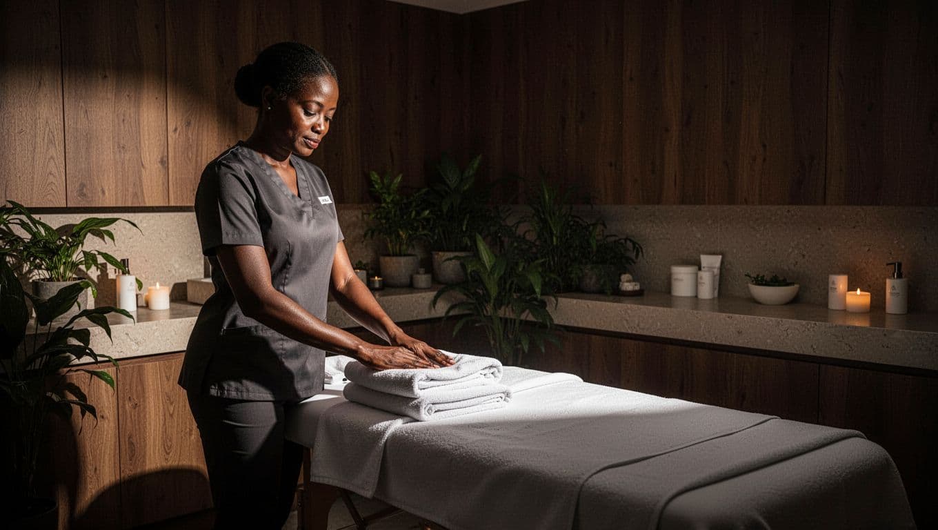A massage therapist prepares fresh towels beside a table in a warmly lit Nairobi spa.