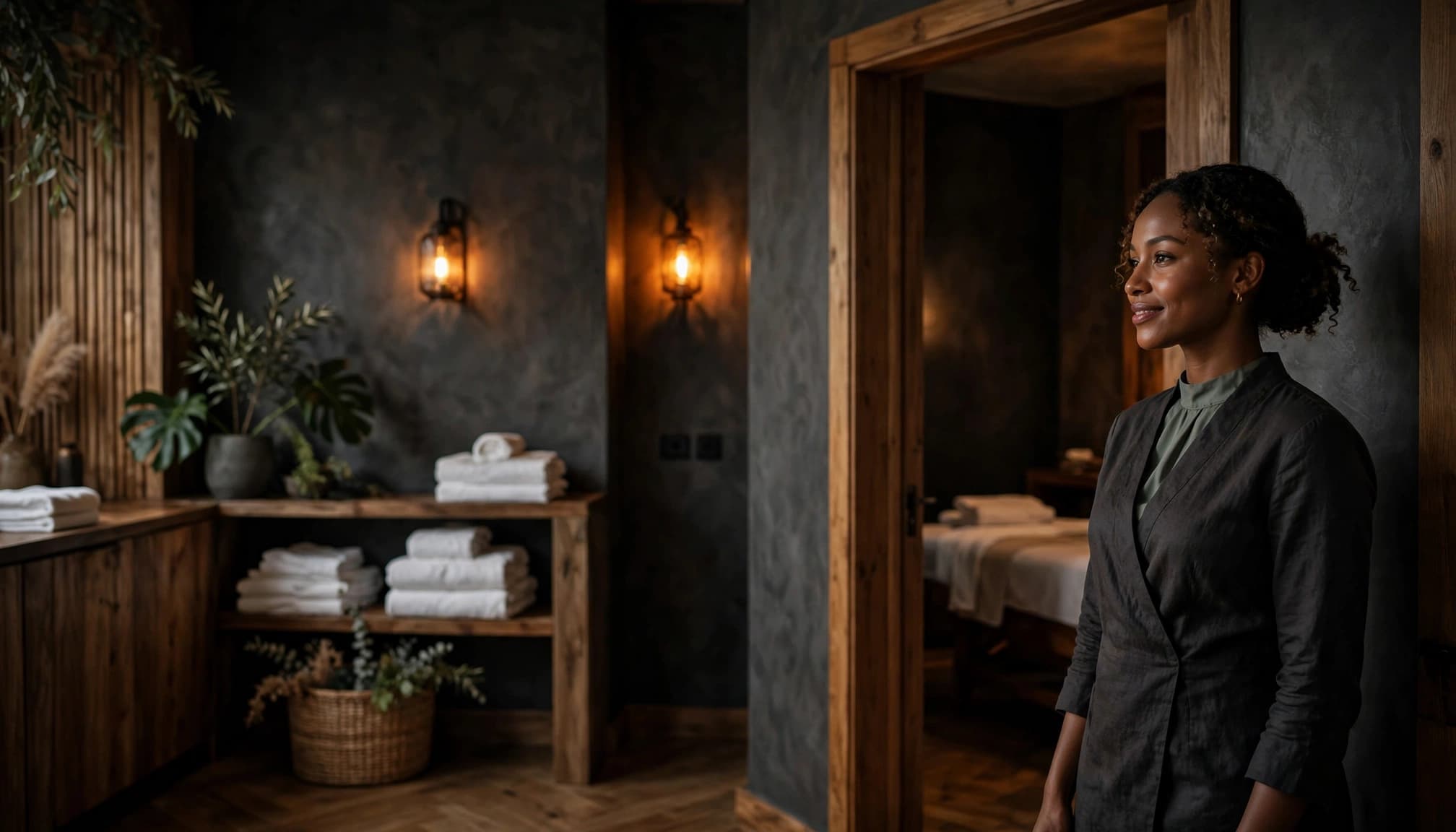 Female Escorts in Karen: A Discreet Safety Guide 2 A wellness professional stands beside a warmly lit spa treatment room.