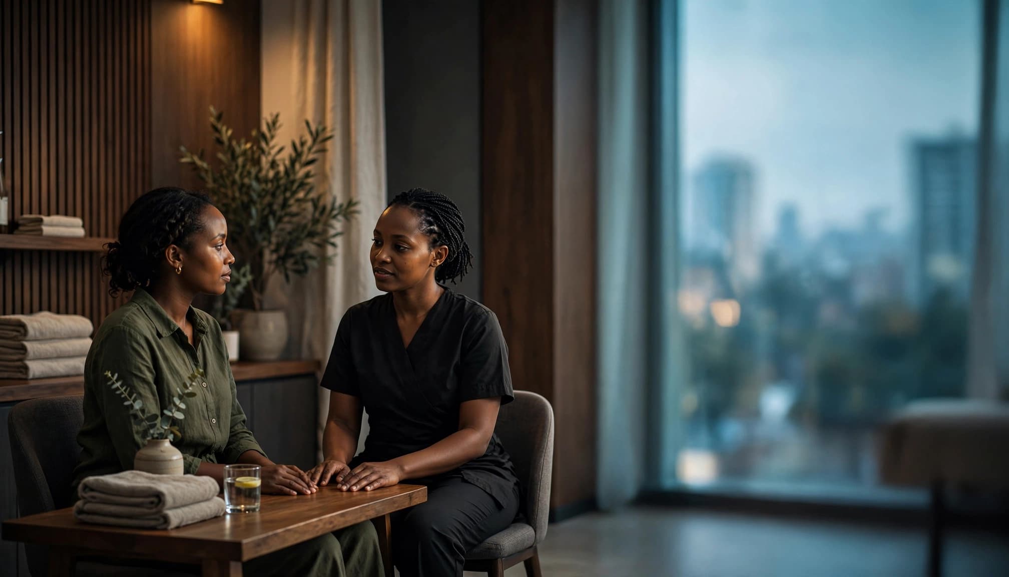 A client and therapist sit across from each other in a warmly lit wellness room.