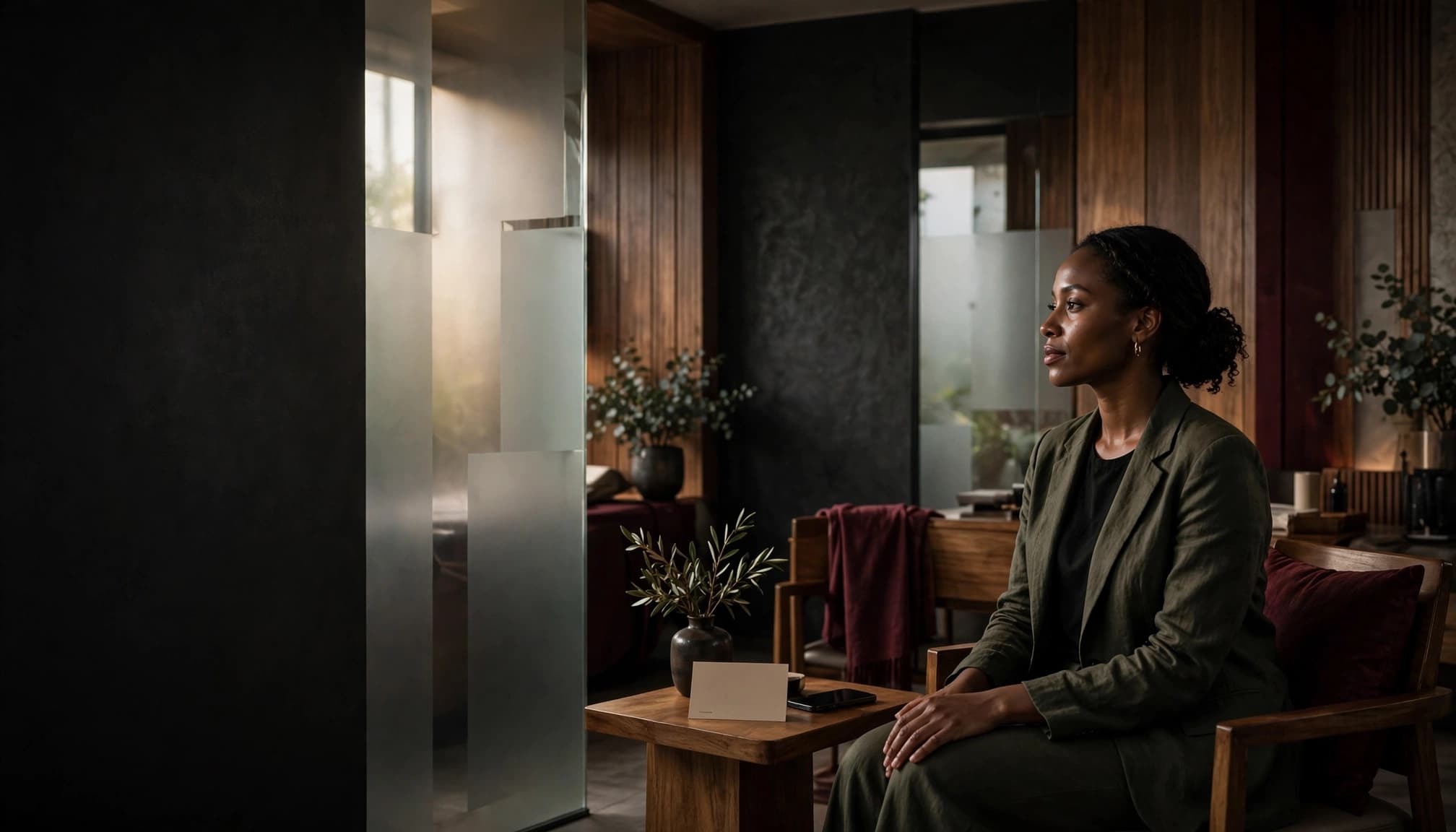 A woman sits beside an appointment card and phone in a warmly lit Nairobi spa.