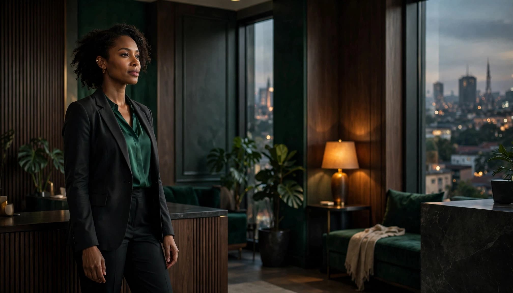 A woman standing in an elegant Nairobi lounge beside a warm wood reception area.