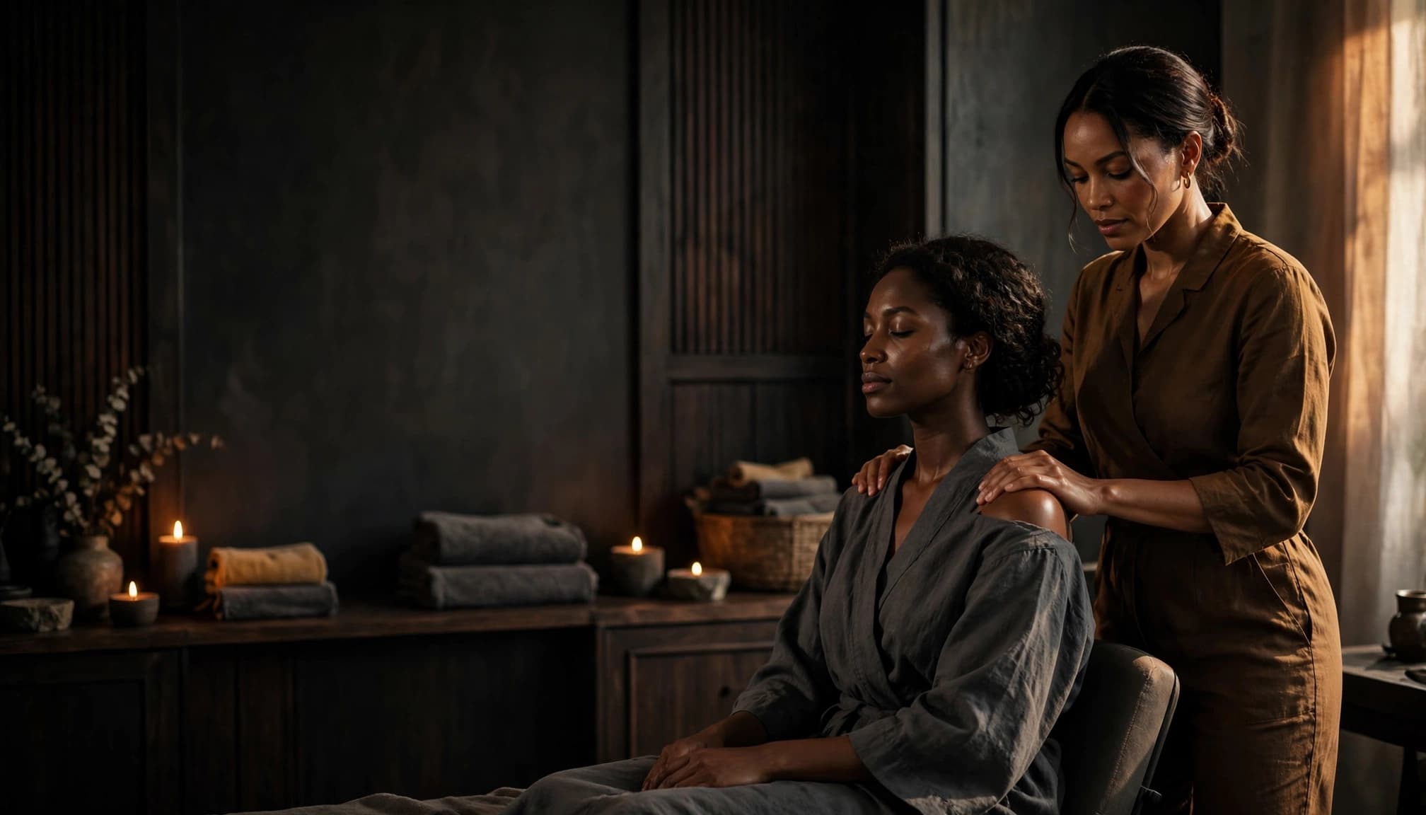 A clothed therapist gives a woman a shoulder massage in a warm, elegant spa room.