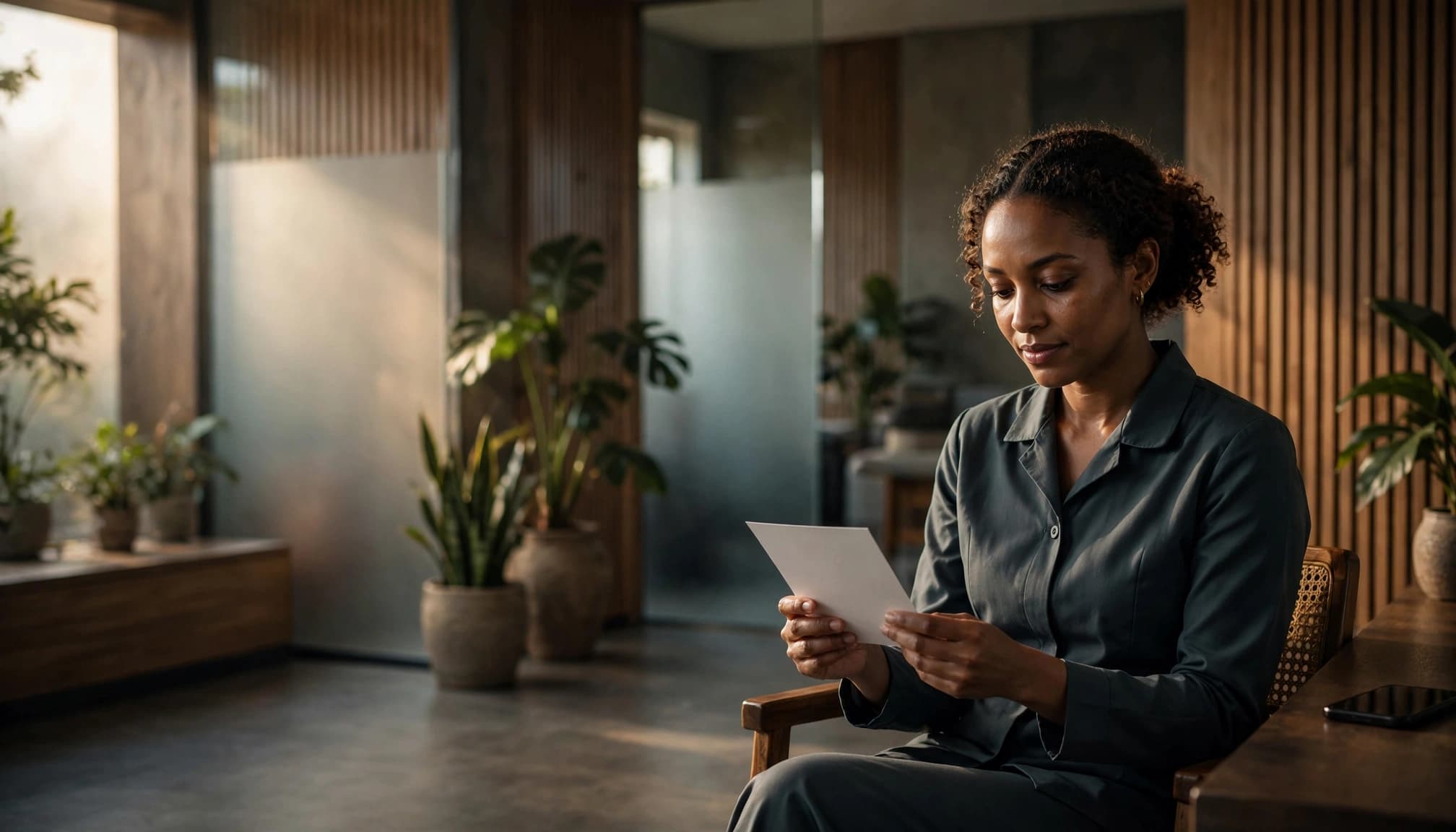 A woman reviews a safety card in a bright wellness reception area.