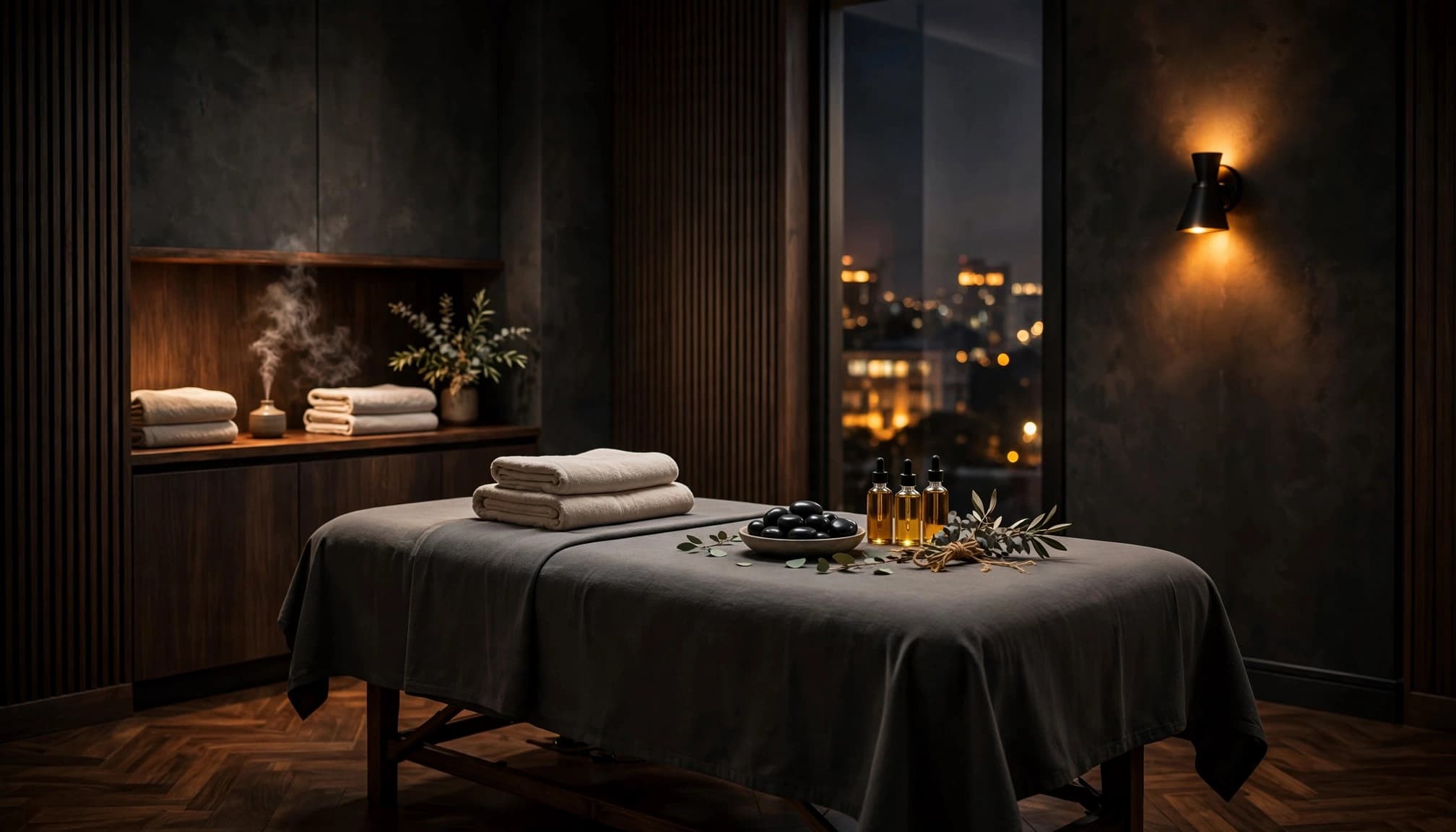 Private Female Escorts in Nairobi: Safety, Privacy and the Law 2 A prepared massage table with folded towels and oils in a warmly lit spa room.