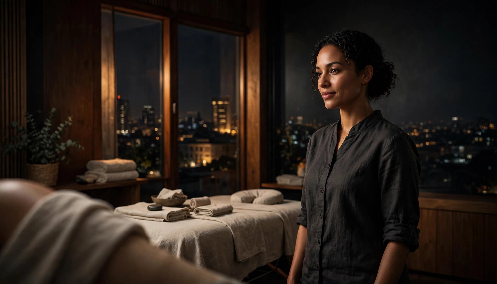 Nairobi Women Companionship: A Safe Adult Guide 2 Massage therapist standing beside a treatment table in a warmly lit spa room.
